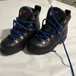 Tommy Hilfiger Black Real Leather Chunky Boots with Blue Laces